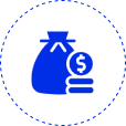 Money bag and coins icon in blue.