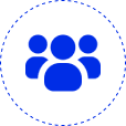 Blue group icon on white circular background.